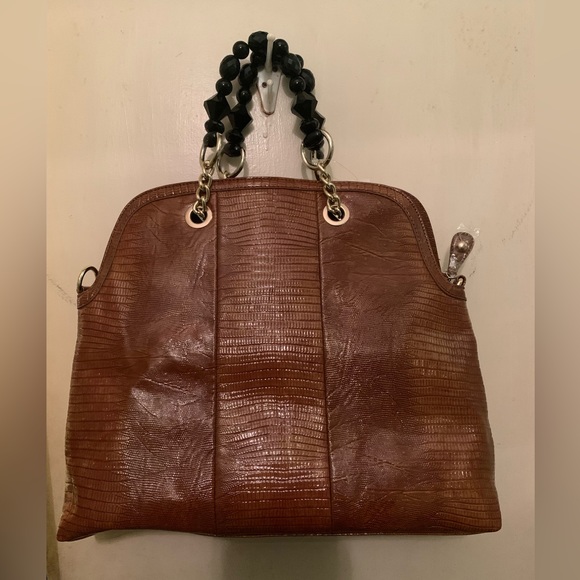 Brown Crocodile Handbag with Black Moissanite Beads Faceted-cut Handle Bag NWOT - Picture 2 of 6